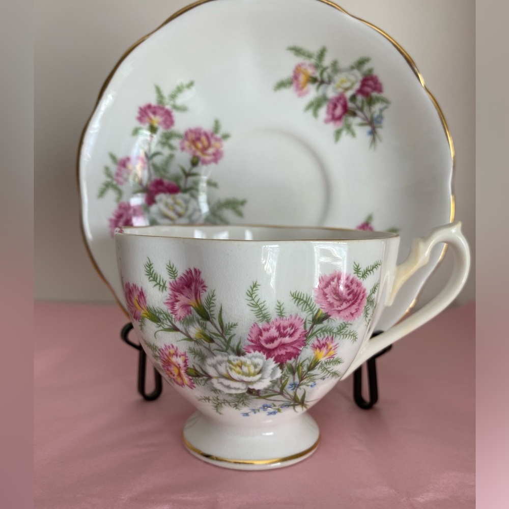 Vtg Queen Anne Bone China Teacup and Saucer “Country Gardens” Carnations